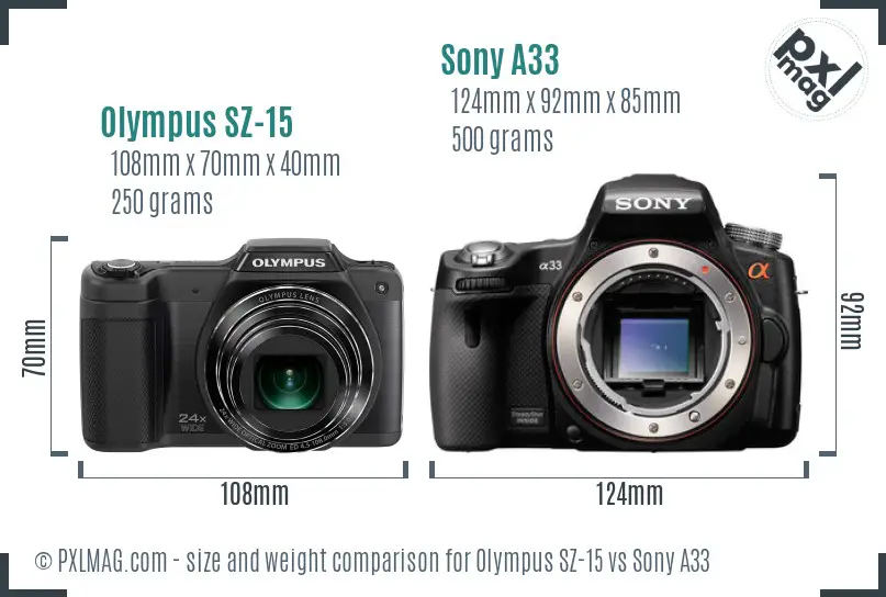 Olympus SZ-15 vs Sony A33 size comparison