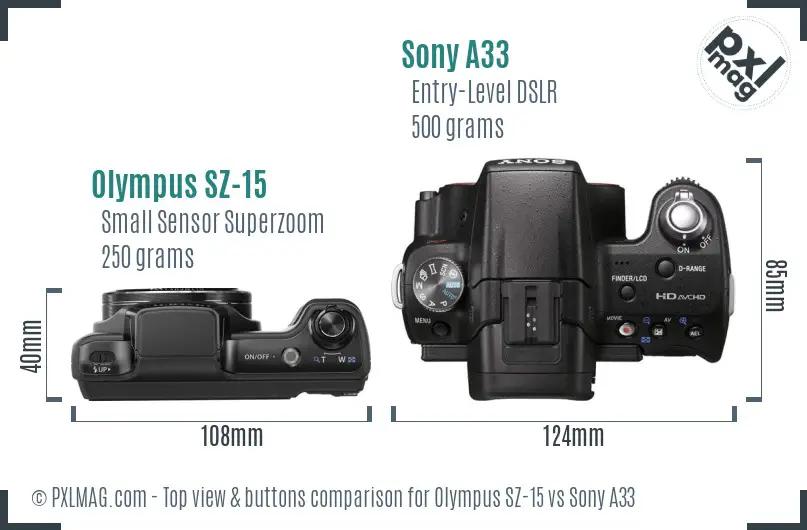 Olympus SZ-15 vs Sony A33 top view buttons comparison