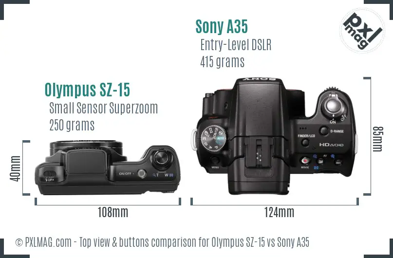Olympus SZ-15 vs Sony A35 top view buttons comparison