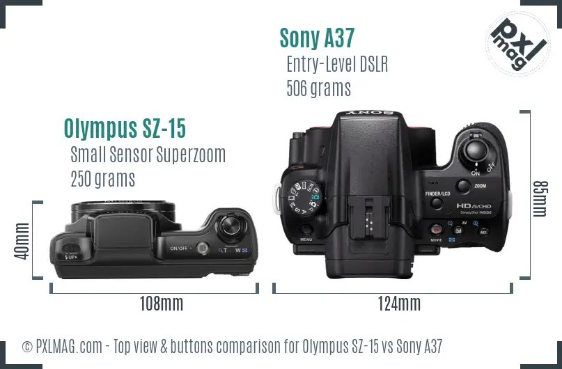Olympus SZ-15 vs Sony A37 top view buttons comparison