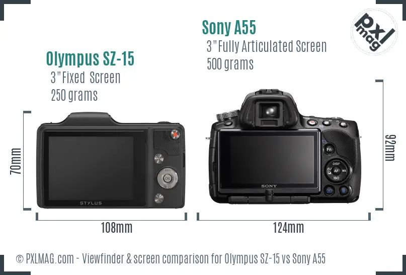 Olympus SZ-15 vs Sony A55 Screen and Viewfinder comparison