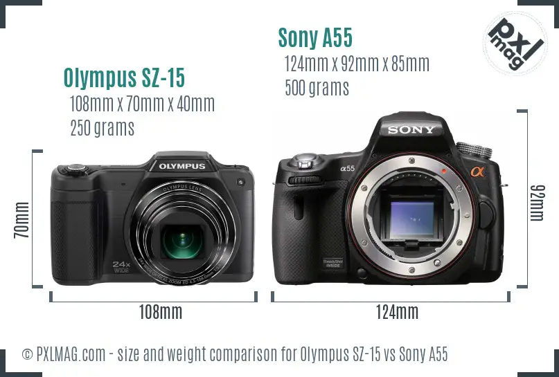 Olympus SZ-15 vs Sony A55 size comparison