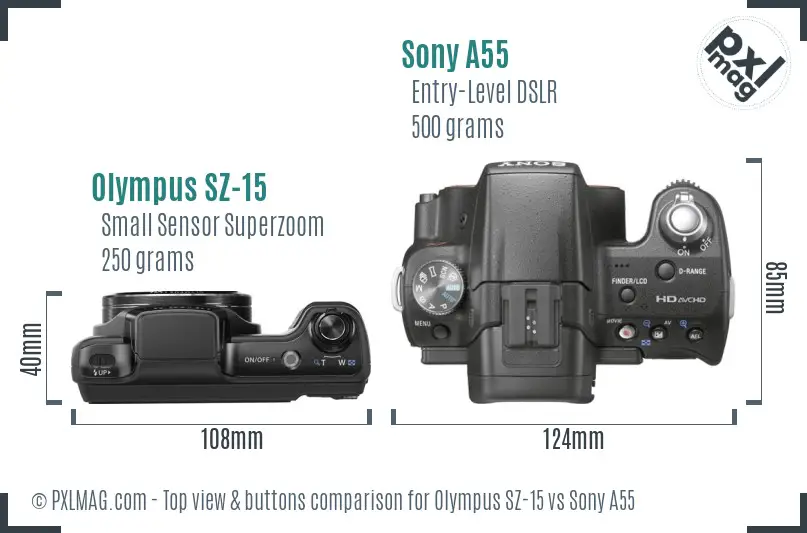 Olympus SZ-15 vs Sony A55 top view buttons comparison