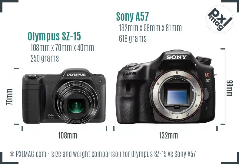 Olympus SZ-15 vs Sony A57 size comparison