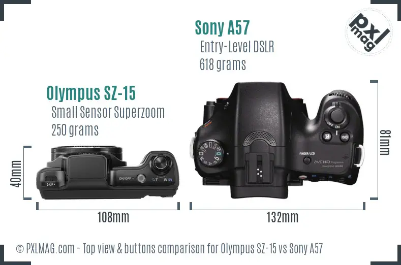 Olympus SZ-15 vs Sony A57 top view buttons comparison