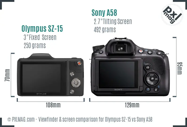 Olympus SZ-15 vs Sony A58 Screen and Viewfinder comparison