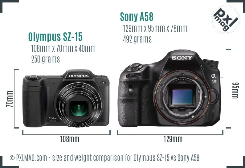 Olympus SZ-15 vs Sony A58 size comparison