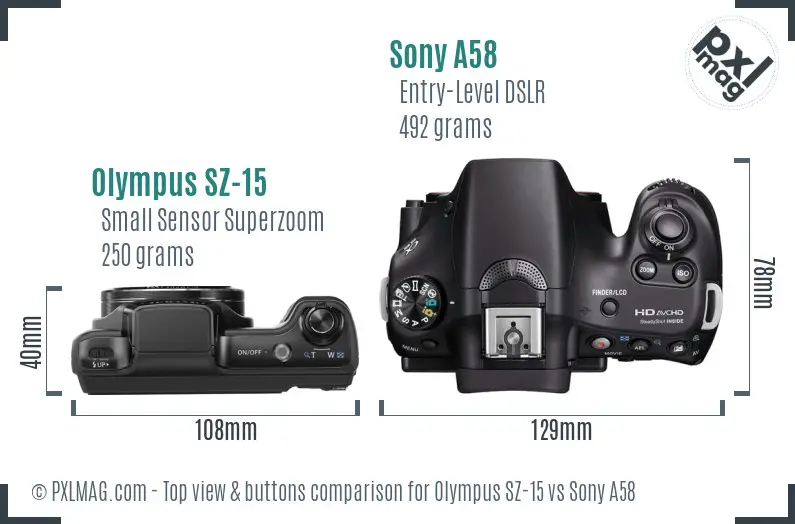 Olympus SZ-15 vs Sony A58 top view buttons comparison