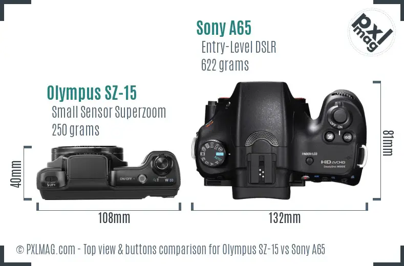 Olympus SZ-15 vs Sony A65 top view buttons comparison
