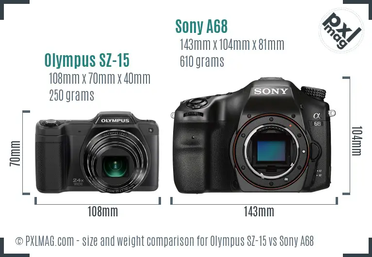 Olympus SZ-15 vs Sony A68 size comparison