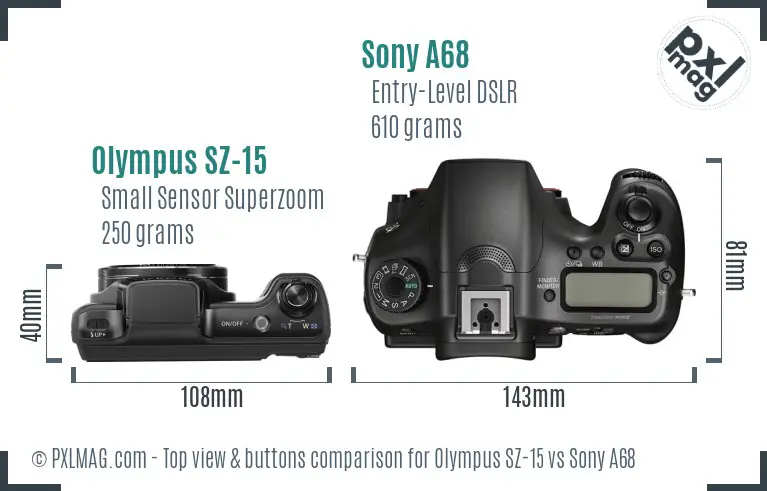 Olympus SZ-15 vs Sony A68 top view buttons comparison