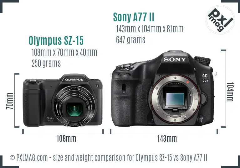 Olympus SZ-15 vs Sony A77 II size comparison