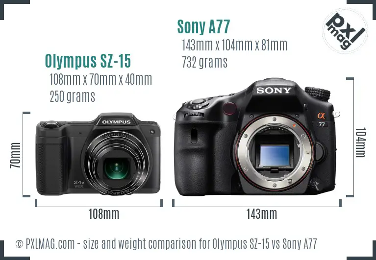 Olympus SZ-15 vs Sony A77 size comparison
