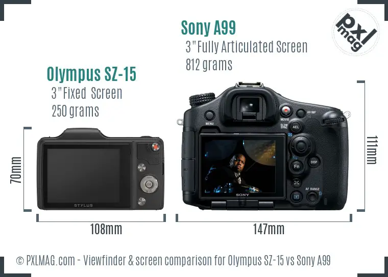 Olympus SZ-15 vs Sony A99 Screen and Viewfinder comparison