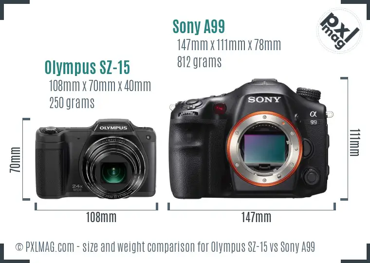 Olympus SZ-15 vs Sony A99 size comparison