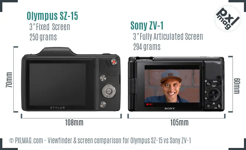 Olympus SZ-15 vs Sony ZV-1 Screen and Viewfinder comparison