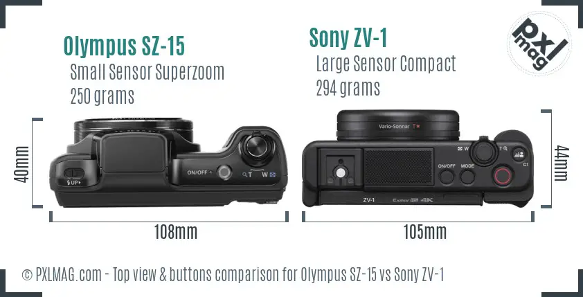 Olympus SZ-15 vs Sony ZV-1 top view buttons comparison