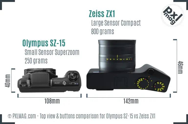 Olympus SZ-15 vs Zeiss ZX1 top view buttons comparison Olympus SZ-15 vs Zeiss ZX1 top view buttons comparison