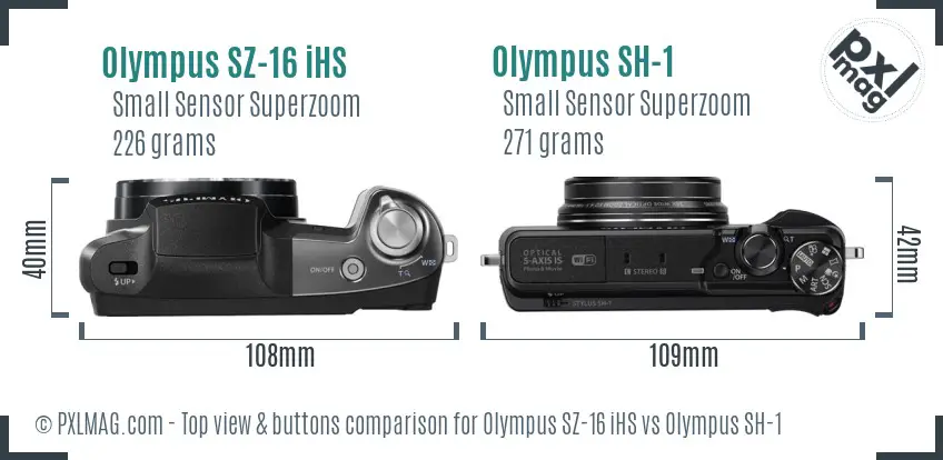 Olympus SZ-16 iHS vs Olympus SH-1 top view buttons comparison
