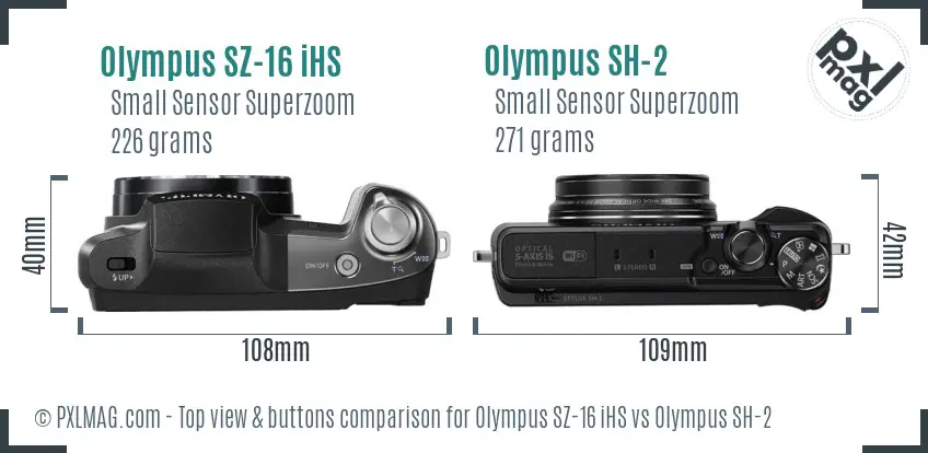 Olympus SZ-16 iHS vs Olympus SH-2 top view buttons comparison