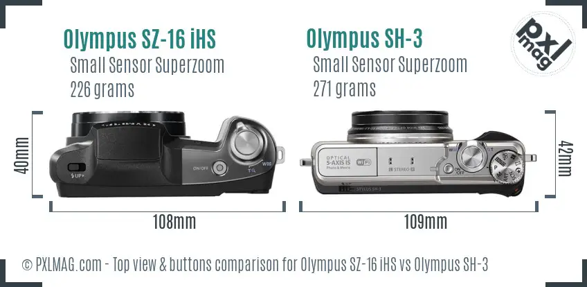 Olympus SZ-16 iHS vs Olympus SH-3 top view buttons comparison