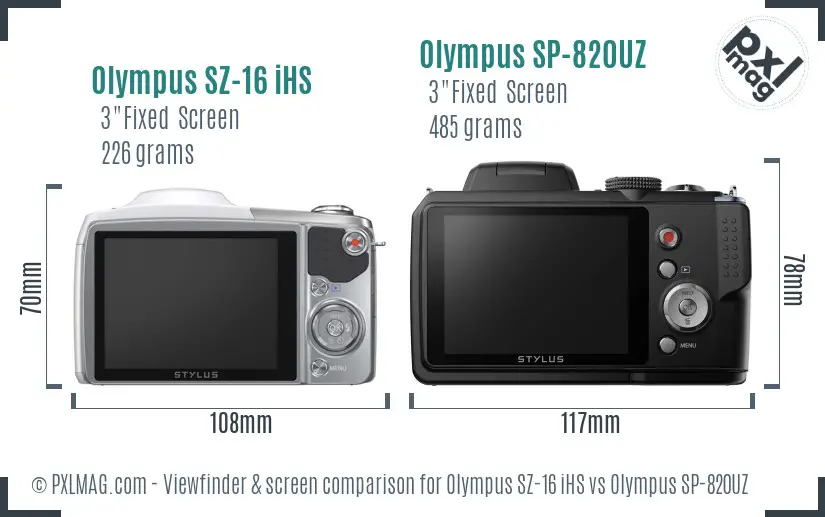 Olympus SZ-16 iHS vs Olympus SP-820UZ Screen and Viewfinder comparison