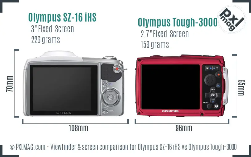 Olympus SZ-16 iHS vs Olympus Tough-3000 Screen and Viewfinder comparison