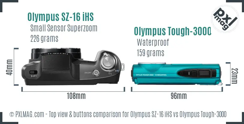 Olympus SZ-16 iHS vs Olympus Tough-3000 top view buttons comparison