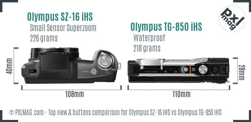 Olympus SZ-16 iHS vs Olympus TG-850 iHS top view buttons comparison