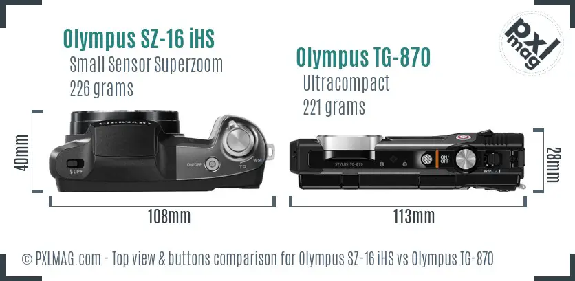 Olympus SZ-16 iHS vs Olympus TG-870 top view buttons comparison