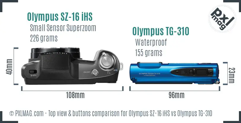 Olympus SZ-16 iHS vs Olympus TG-310 top view buttons comparison