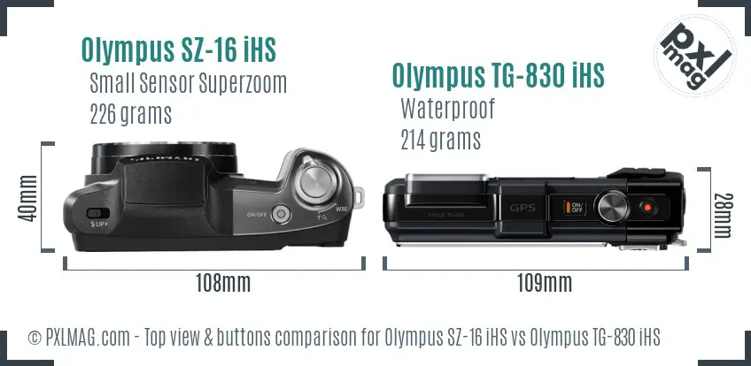 Olympus SZ-16 iHS vs Olympus TG-830 iHS top view buttons comparison
