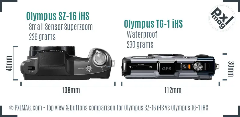 Olympus SZ-16 iHS vs Olympus TG-1 iHS top view buttons comparison