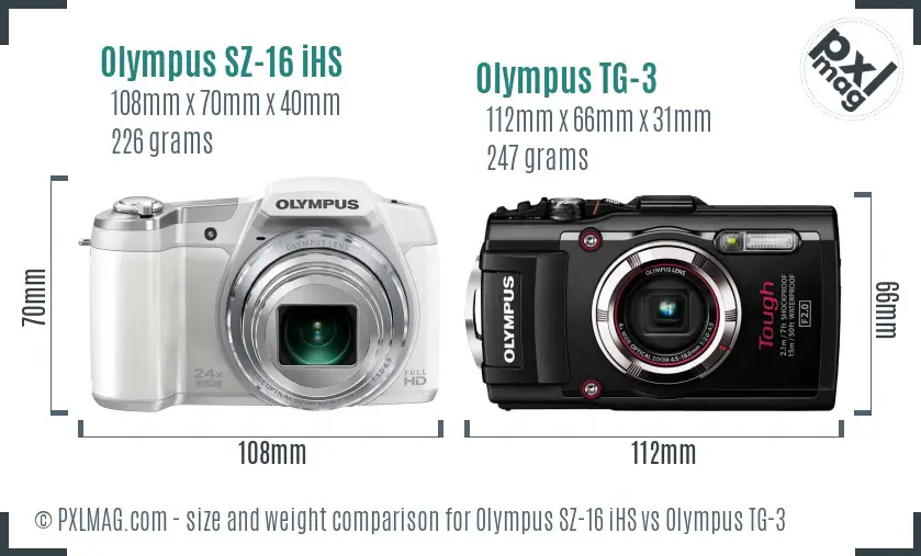 Olympus SZ-16 iHS vs Olympus TG-3 size comparison