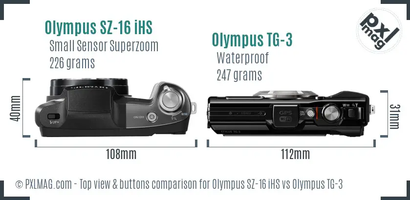Olympus SZ-16 iHS vs Olympus TG-3 top view buttons comparison