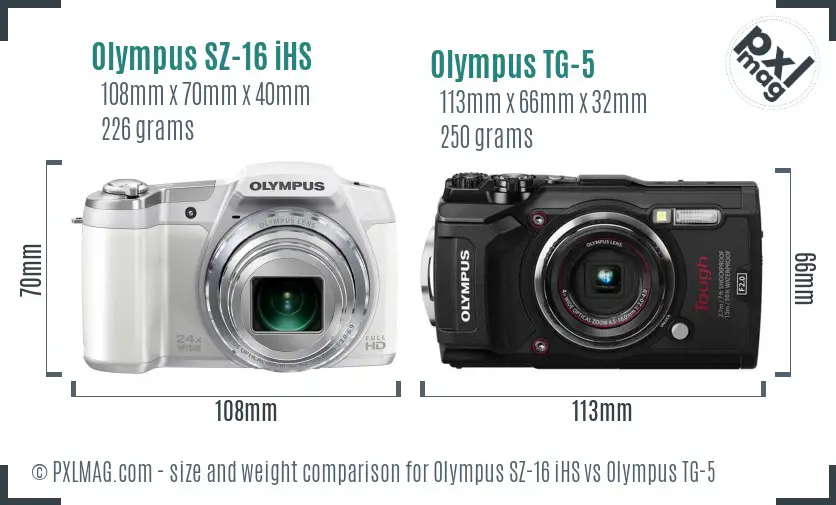 Olympus SZ-16 iHS vs Olympus TG-5 size comparison