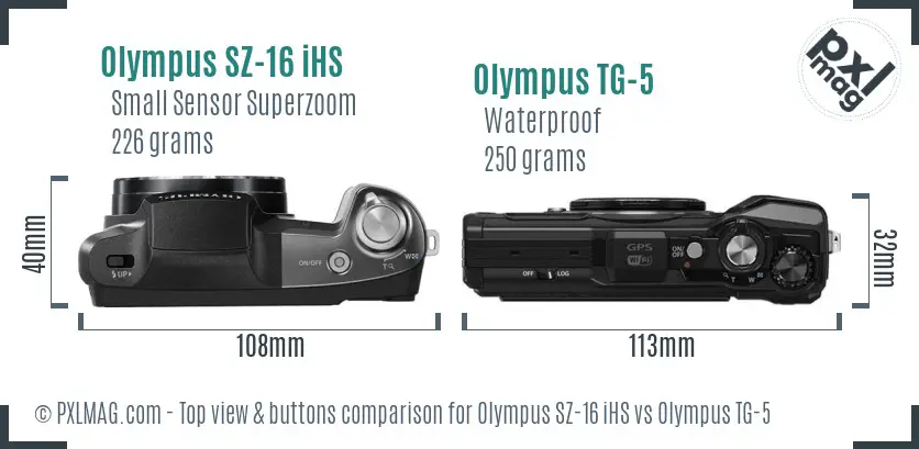 Olympus SZ-16 iHS vs Olympus TG-5 top view buttons comparison