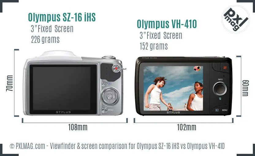 Olympus SZ-16 iHS vs Olympus VH-410 Screen and Viewfinder comparison