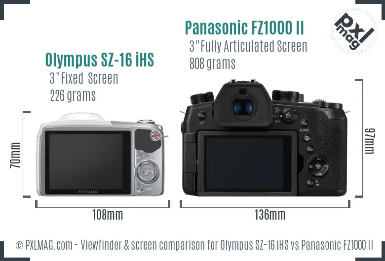 Olympus SZ-16 iHS vs Panasonic FZ1000 II Screen and Viewfinder comparison