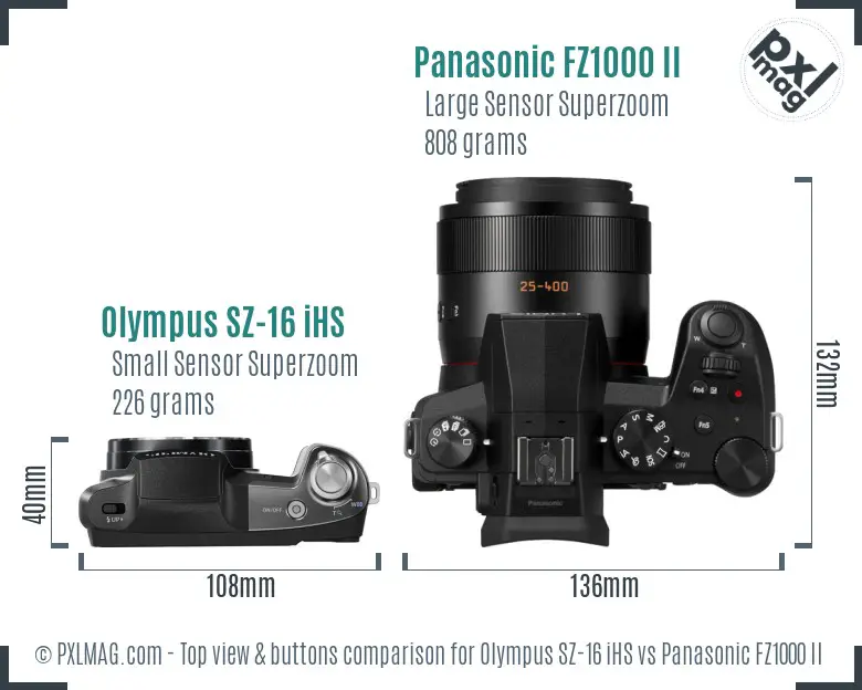 Olympus SZ-16 iHS vs Panasonic FZ1000 II top view buttons comparison