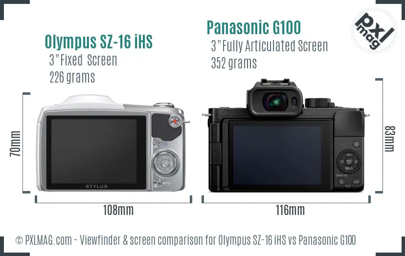 Olympus SZ-16 iHS vs Panasonic G100 Screen and Viewfinder comparison