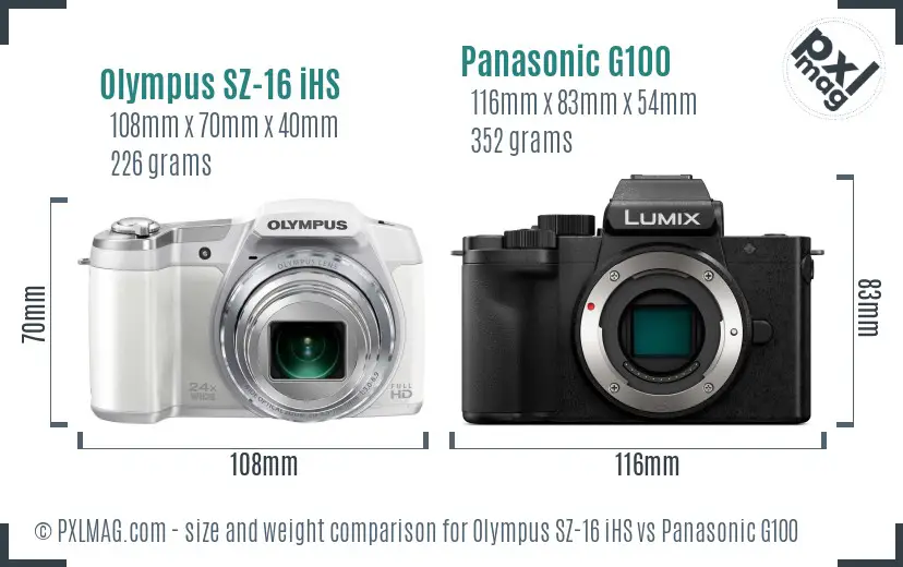 Olympus SZ-16 iHS vs Panasonic G100 size comparison