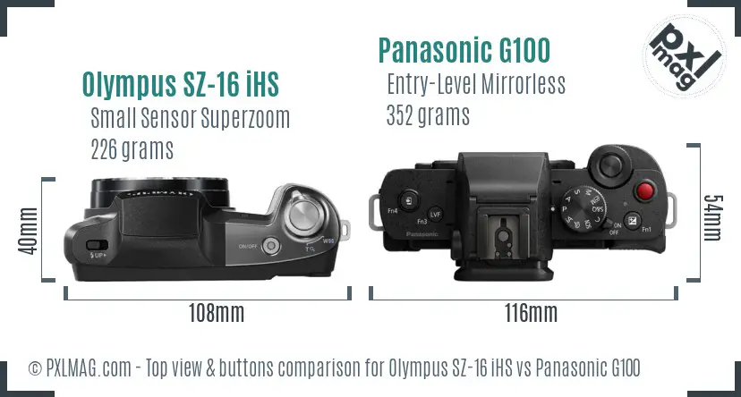Olympus SZ-16 iHS vs Panasonic G100 top view buttons comparison