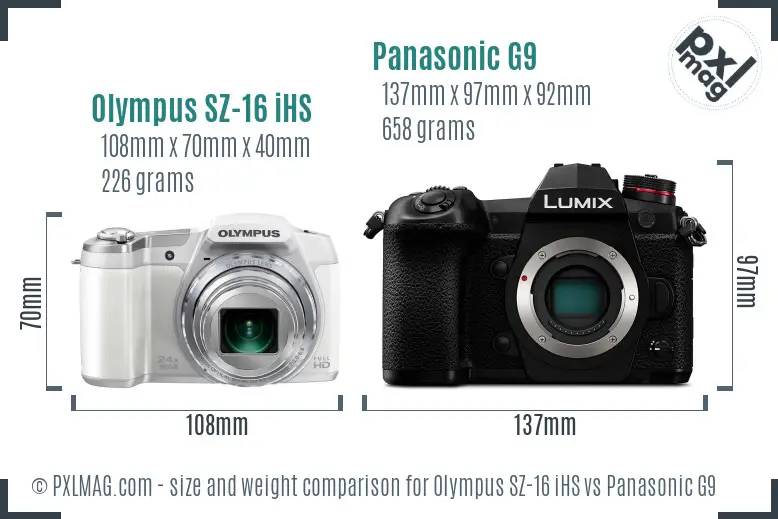 Olympus SZ-16 iHS vs Panasonic G9 size comparison