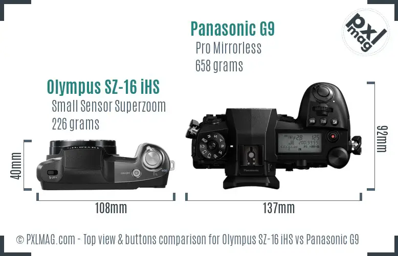 Olympus SZ-16 iHS vs Panasonic G9 top view buttons comparison