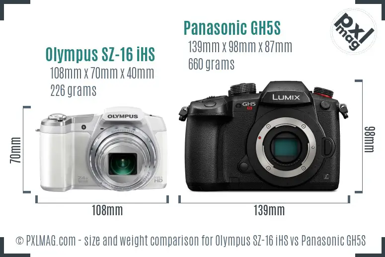 Olympus SZ-16 iHS vs Panasonic GH5S size comparison