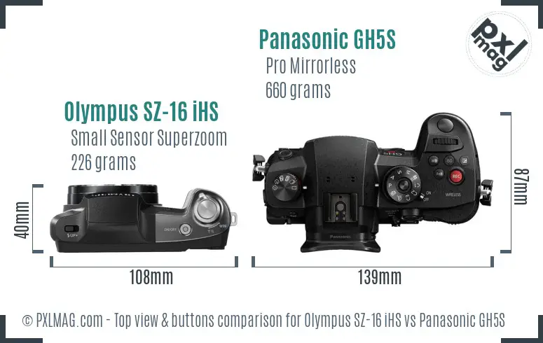 Olympus SZ-16 iHS vs Panasonic GH5S top view buttons comparison