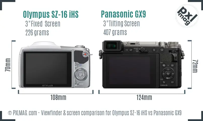 Olympus SZ-16 iHS vs Panasonic GX9 Screen and Viewfinder comparison