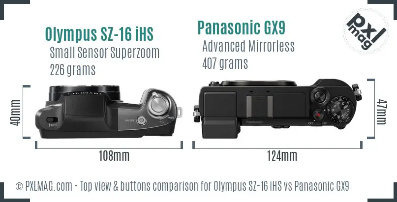 Olympus SZ-16 iHS vs Panasonic GX9 top view buttons comparison