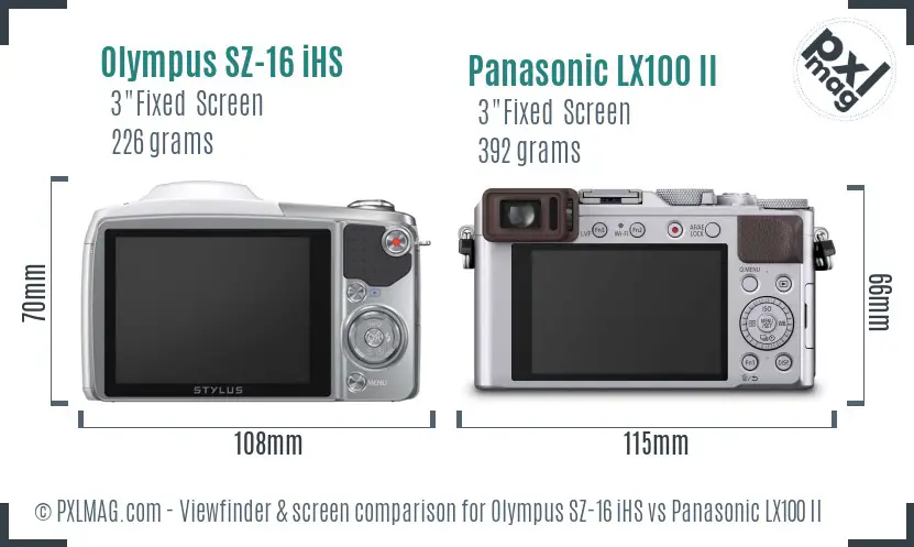 Olympus SZ-16 iHS vs Panasonic LX100 II Screen and Viewfinder comparison